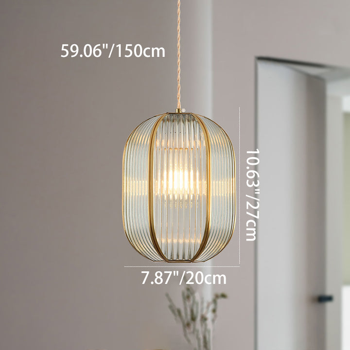 Zeitgenössische Luxus-Pendelleuchte mit vertikal gemustertem Glas, rundem Schirm und Kupfer, 1-Licht für Wohnzimmer 