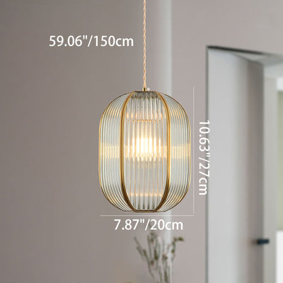 Contemporary Luxury Vertical Grained Glass Round Shade Copper 1-Light Pendant Light For Living Room