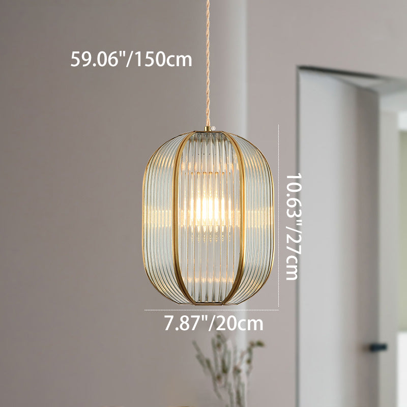 Contemporary Luxury Vertical Grained Glass Round Shade Copper 1-Light Pendant Light For Living Room