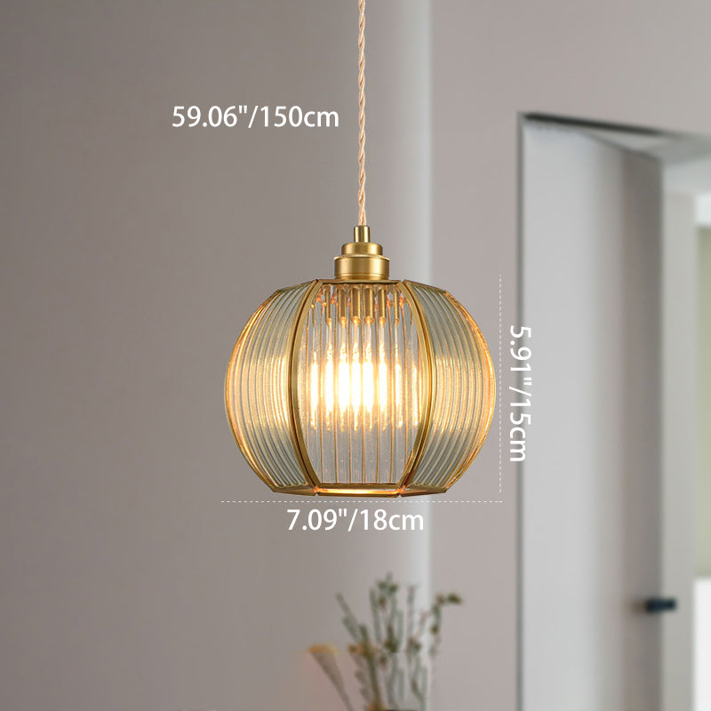 Zeitgenössische Luxus-Pendelleuchte mit vertikal gemustertem Glas, rundem Schirm und Kupfer, 1-Licht für Wohnzimmer 
