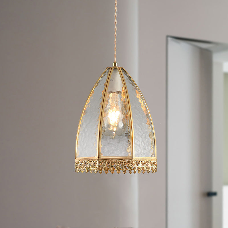 Zeitgenössische Luxus-Pendelleuchte mit vertikal gemustertem Glas, rundem Schirm und Kupfer, 1-Licht für Wohnzimmer 