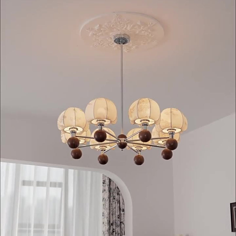 Cadre en métal traditionnel français bois tissu abat-jour rond lustre à 8 lumières pour salon 
