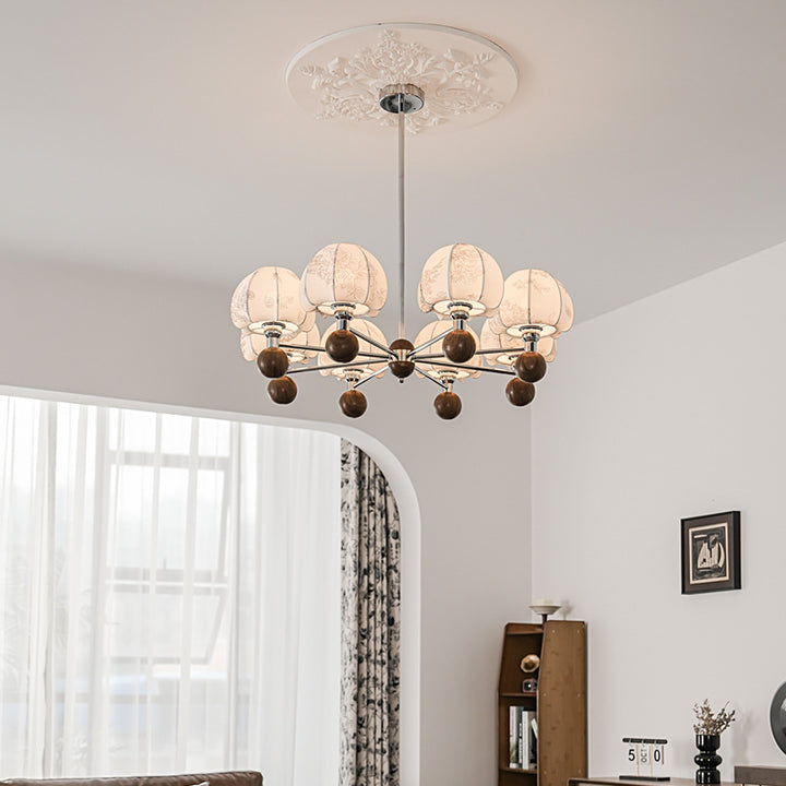 Cadre en métal traditionnel français bois tissu abat-jour rond lustre à 8 lumières pour salon 