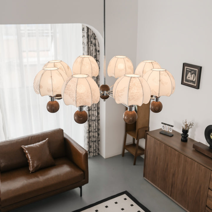 Cadre en métal traditionnel français bois tissu abat-jour rond lustre à 8 lumières pour salon 
