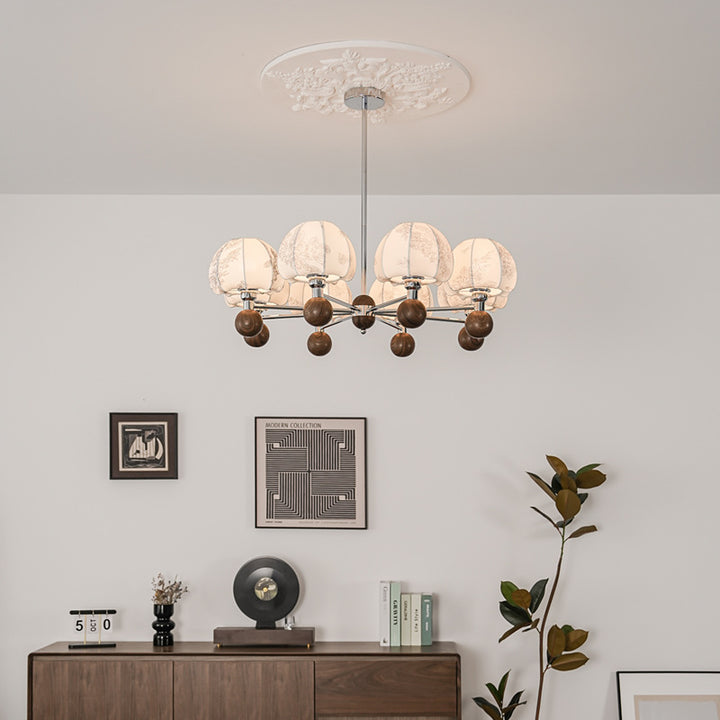 Cadre en métal traditionnel français bois tissu abat-jour rond lustre à 8 lumières pour salon 