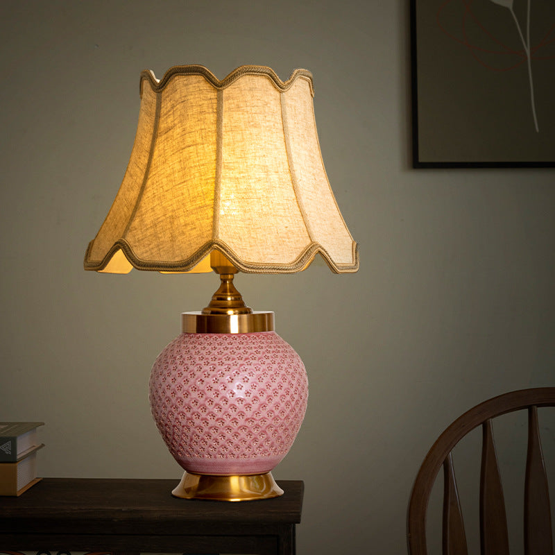 Traditional Chinese Plum Bossom Fabric Shade Ceramic Base 1-Light Table Lamp For Study