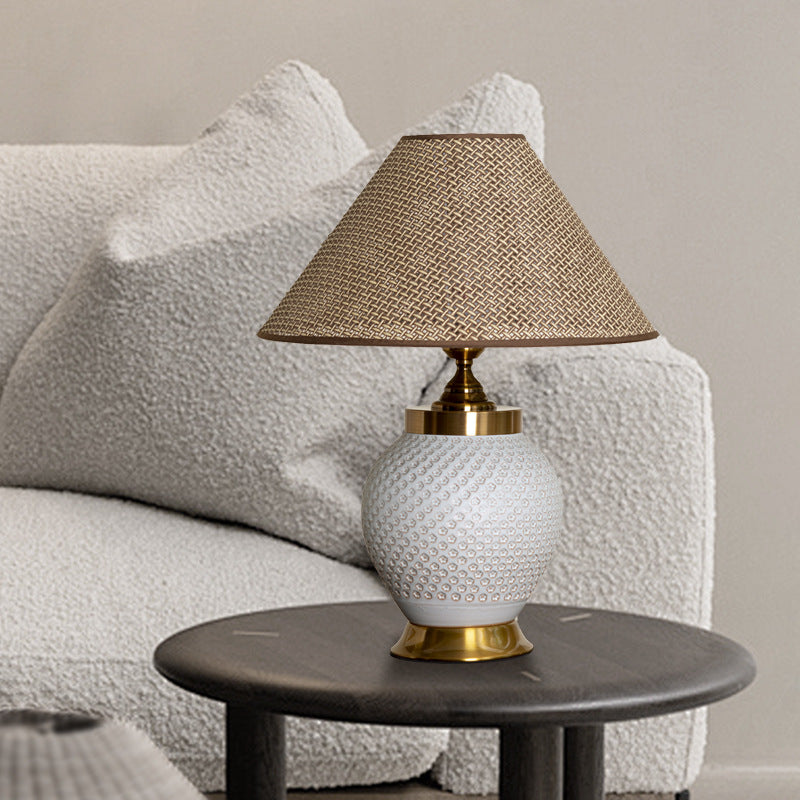 Traditional Chinese Plum Bossom Fabric Shade Ceramic Base 1-Light Table Lamp For Study