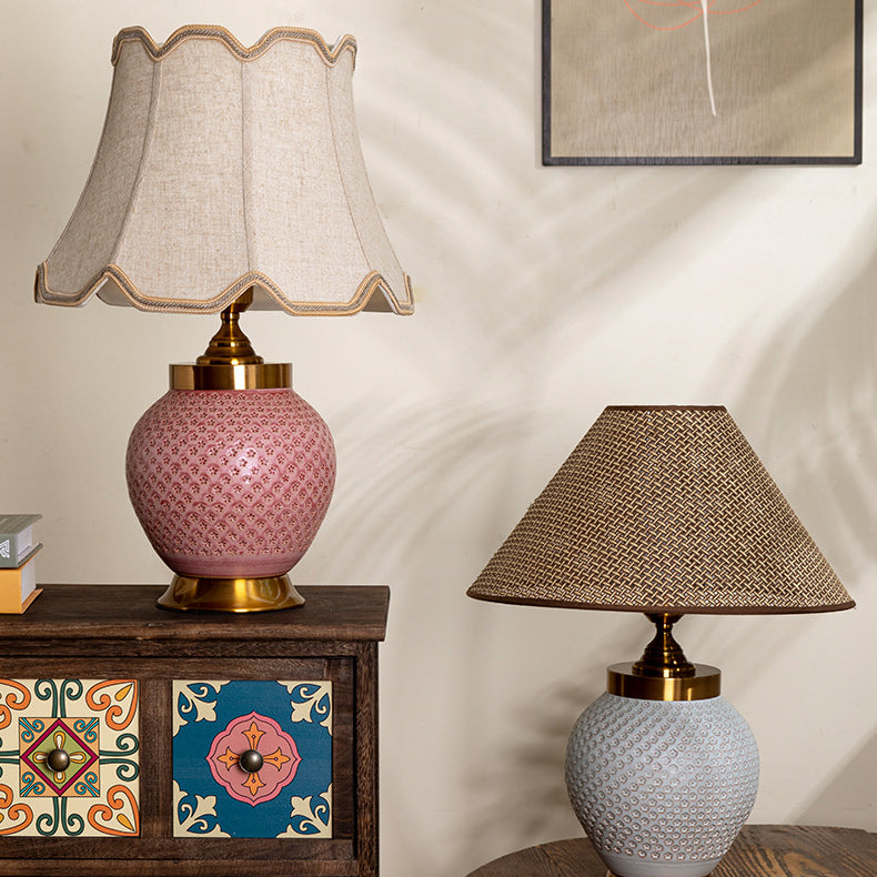 Traditional Chinese Plum Bossom Fabric Shade Ceramic Base 1-Light Table Lamp For Study