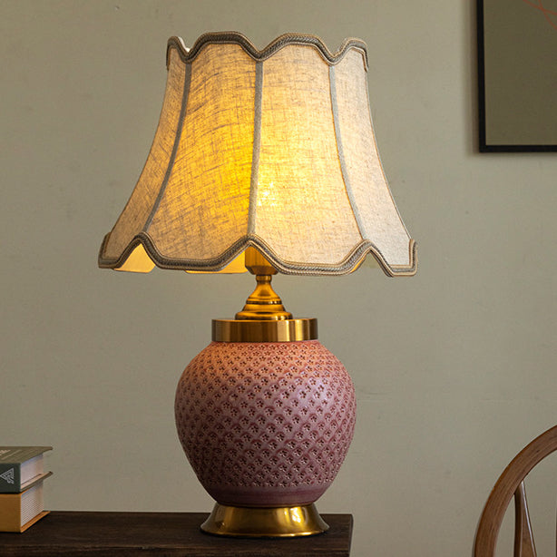 Traditional Chinese Plum Bossom Fabric Shade Ceramic Base 1-Light Table Lamp For Study