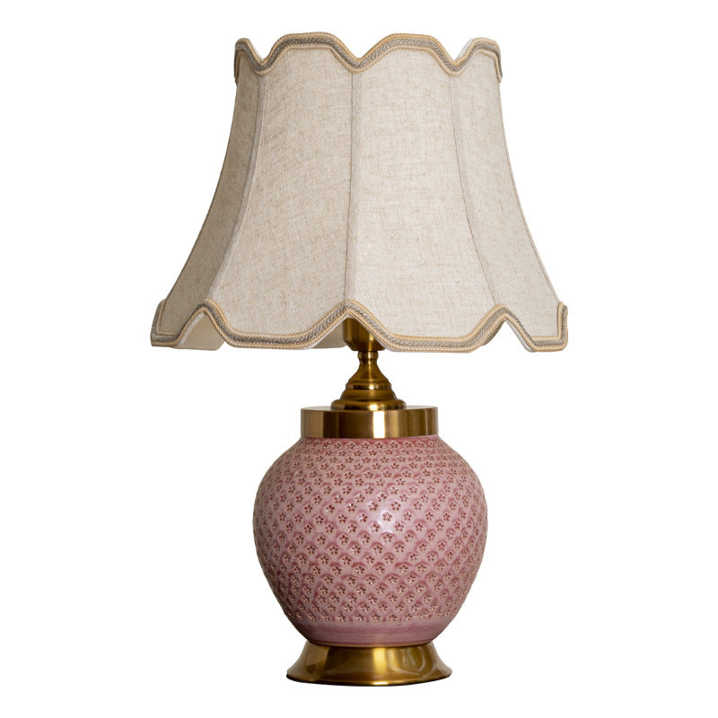 Traditional Chinese Plum Bossom Fabric Shade Ceramic Base 1-Light Table Lamp For Study
