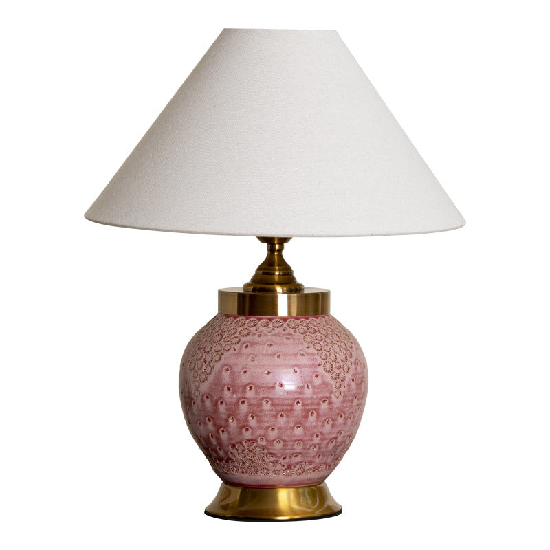 Traditional Chinese Plum Bossom Fabric Shade Ceramic Base 1-Light Table Lamp For Study