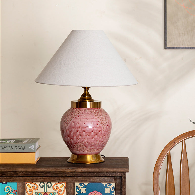 Traditional Chinese Plum Bossom Fabric Shade Ceramic Base 1-Light Table Lamp For Study