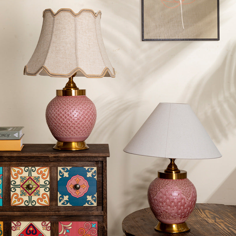 Traditional Chinese Plum Bossom Fabric Shade Ceramic Base 1-Light Table Lamp For Study
