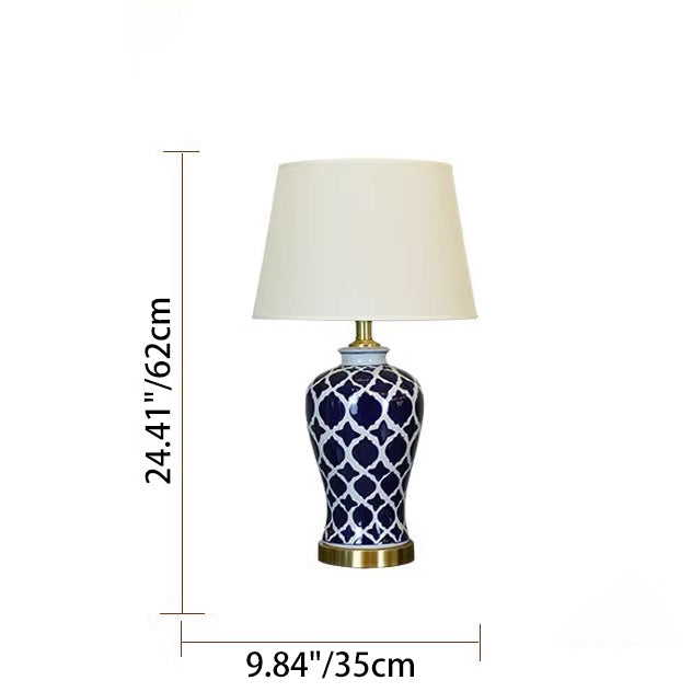 Lámpara de mesa de 1 luz con pantalla cilíndrica de tela china tradicional y base de cerámica para estudio 