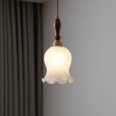 Contemporary Retro Solid Wood Flower Glass Shade 1-Light Pendant Light For Dining Room