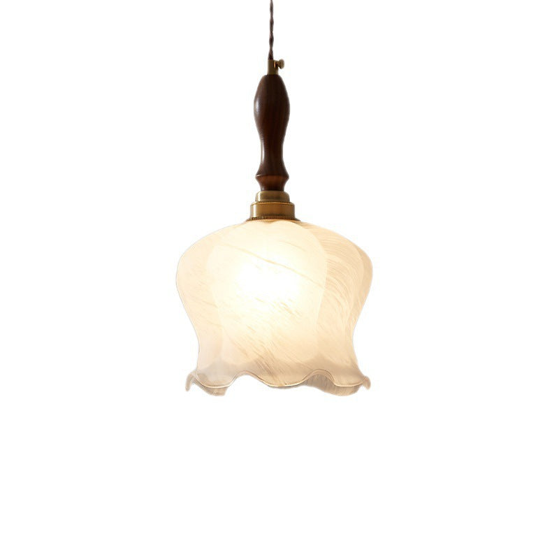 Suspension lumineuse contemporaine rétro en bois massif avec abat-jour en verre pour salle à manger 