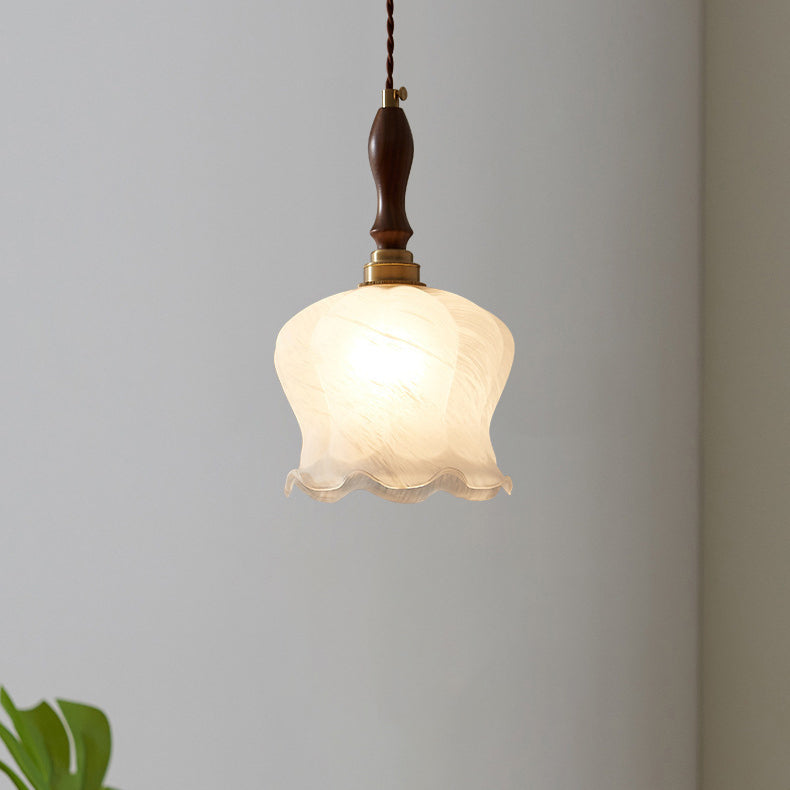 Suspension lumineuse contemporaine rétro en bois massif avec abat-jour en verre pour salle à manger 