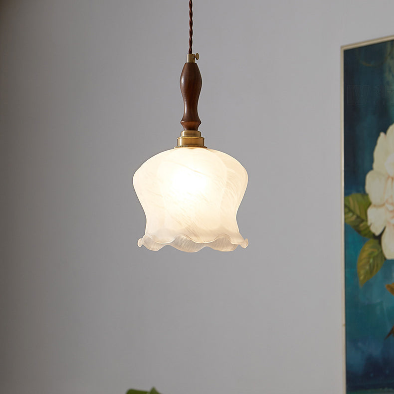 Contemporary Retro Solid Wood Flower Glass Shade 1-Light Pendant Light For Dining Room