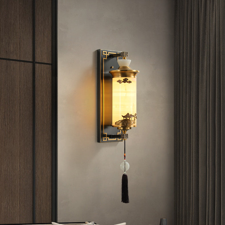 Traditionelle chinesische Messing-Naturjade-Zylinder-LED-Wandleuchte für Wohnzimmer 