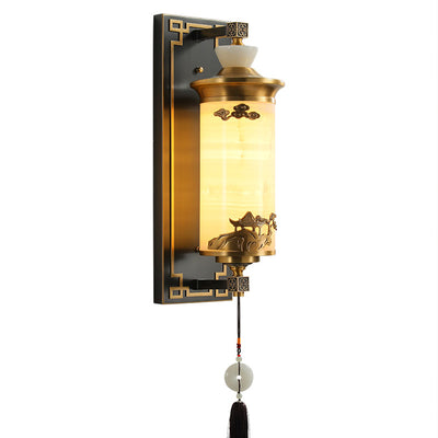 Traditionelle chinesische Messing-Naturjade-Zylinder-LED-Wandleuchte für Wohnzimmer 