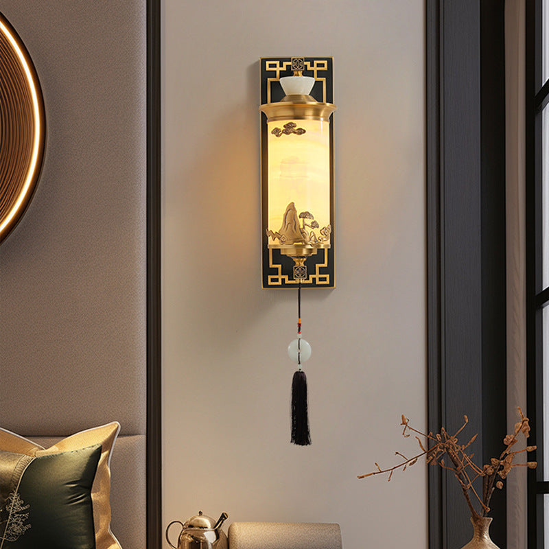 Traditionelle chinesische Messing-Naturjade-Zylinder-LED-Wandleuchte für Wohnzimmer 