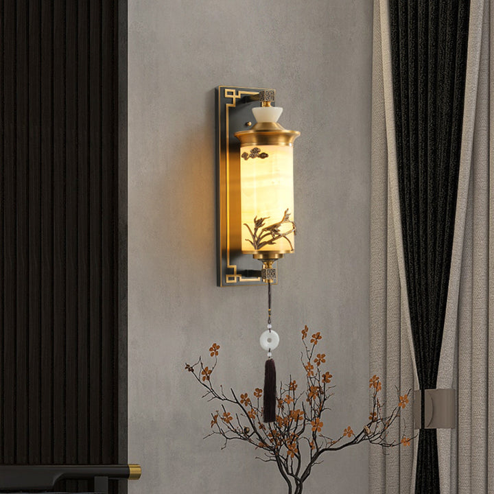 Traditionelle chinesische Messing-Naturjade-Zylinder-LED-Wandleuchte für Wohnzimmer 