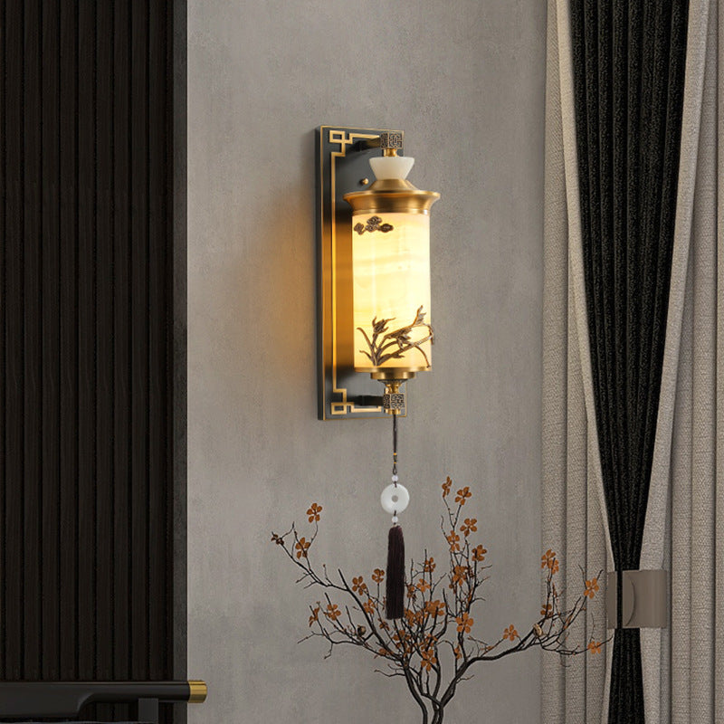 Traditionelle chinesische Messing-Naturjade-Zylinder-LED-Wandleuchte für Wohnzimmer 