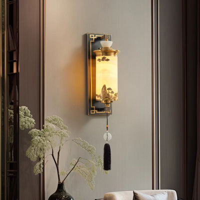 Traditionelle chinesische Messing-Naturjade-Zylinder-LED-Wandleuchte für Wohnzimmer 
