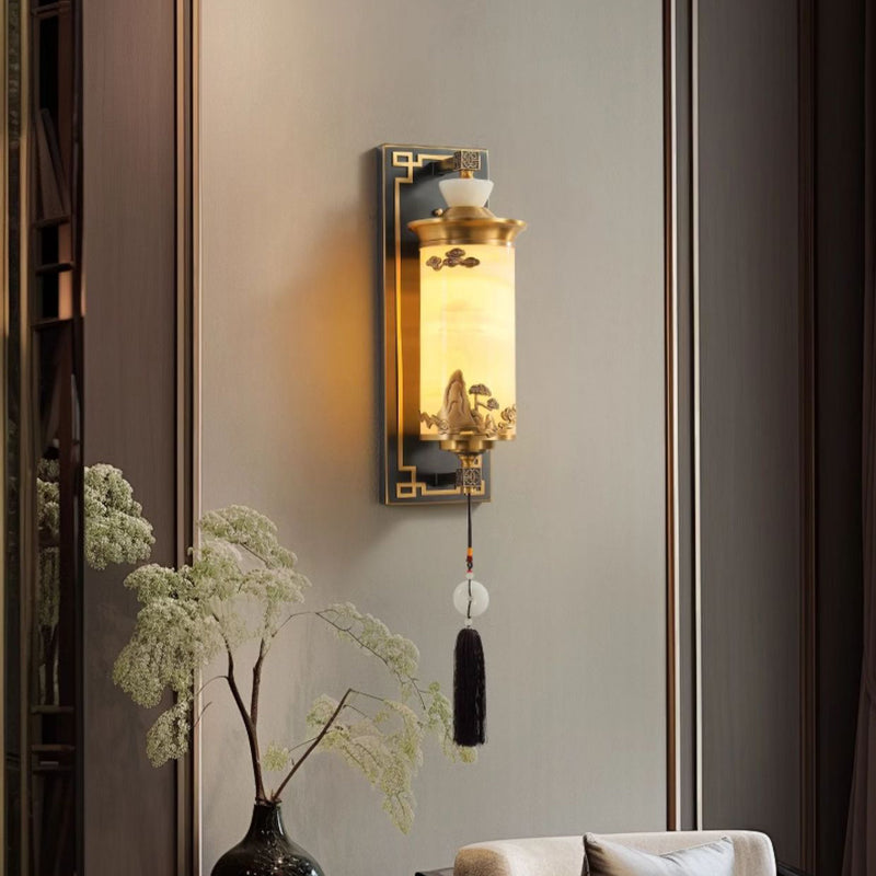 Traditionelle chinesische Messing-Naturjade-Zylinder-LED-Wandleuchte für Wohnzimmer 