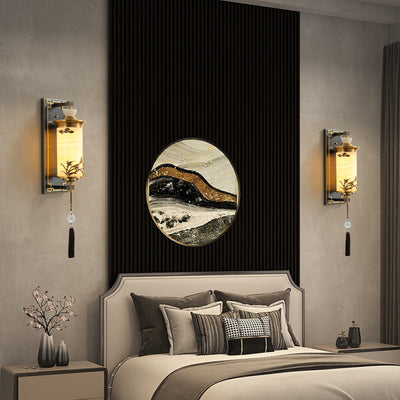 Traditionelle chinesische Messing-Naturjade-Zylinder-LED-Wandleuchte für Wohnzimmer 
