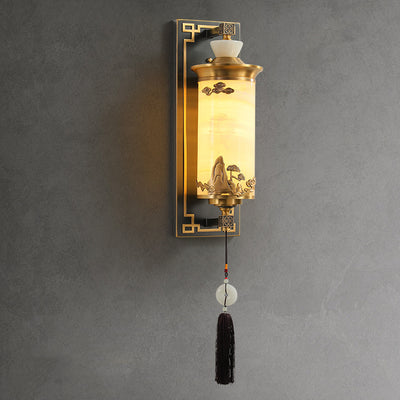Traditionelle chinesische Messing-Naturjade-Zylinder-LED-Wandleuchte für Wohnzimmer 