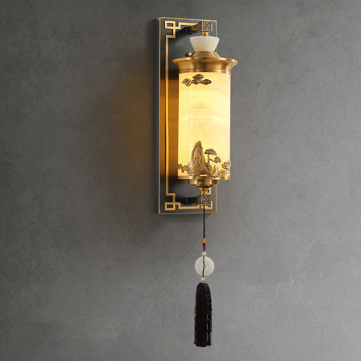 Traditionelle chinesische Messing-Naturjade-Zylinder-LED-Wandleuchte für Wohnzimmer 