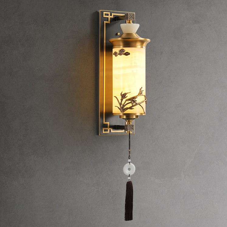 Traditionelle chinesische Messing-Naturjade-Zylinder-LED-Wandleuchte für Wohnzimmer 