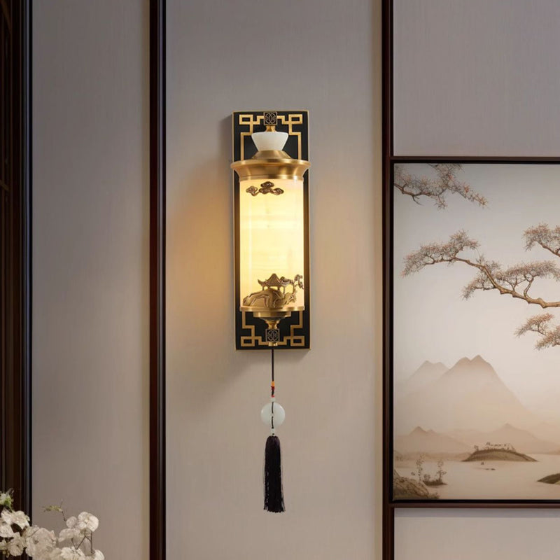 Traditionelle chinesische Messing-Naturjade-Zylinder-LED-Wandleuchte für Wohnzimmer 