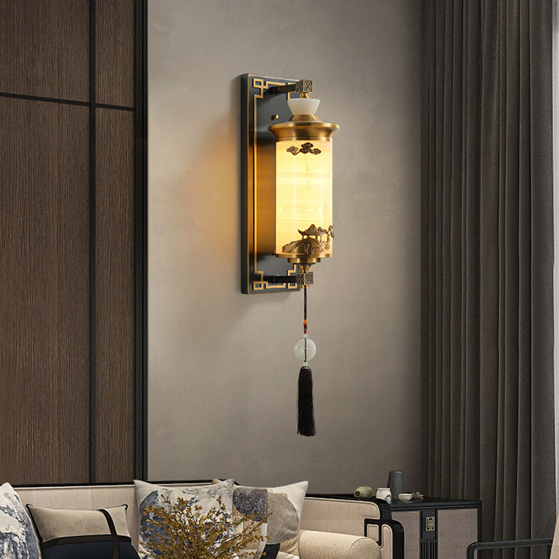 Traditionelle chinesische Messing-Naturjade-Zylinder-LED-Wandleuchte für Wohnzimmer 