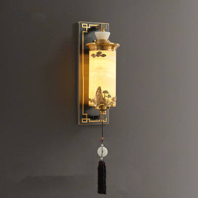 Traditionelle chinesische Messing-Naturjade-Zylinder-LED-Wandleuchte für Wohnzimmer 