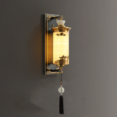 Traditionelle chinesische Messing-Naturjade-Zylinder-LED-Wandleuchte für Wohnzimmer 