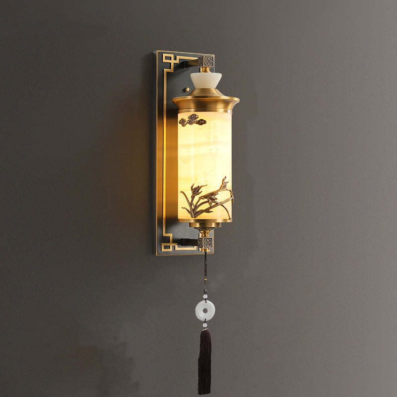 Traditionelle chinesische Messing-Naturjade-Zylinder-LED-Wandleuchte für Wohnzimmer 