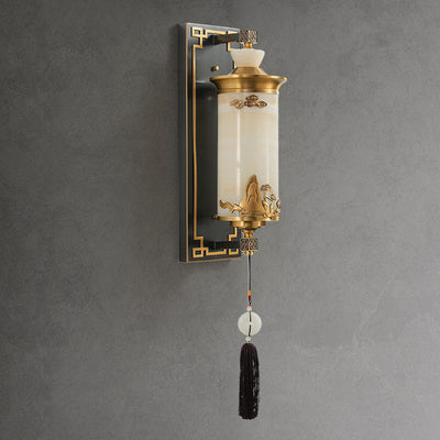 Traditionelle chinesische Messing-Naturjade-Zylinder-LED-Wandleuchte für Wohnzimmer 