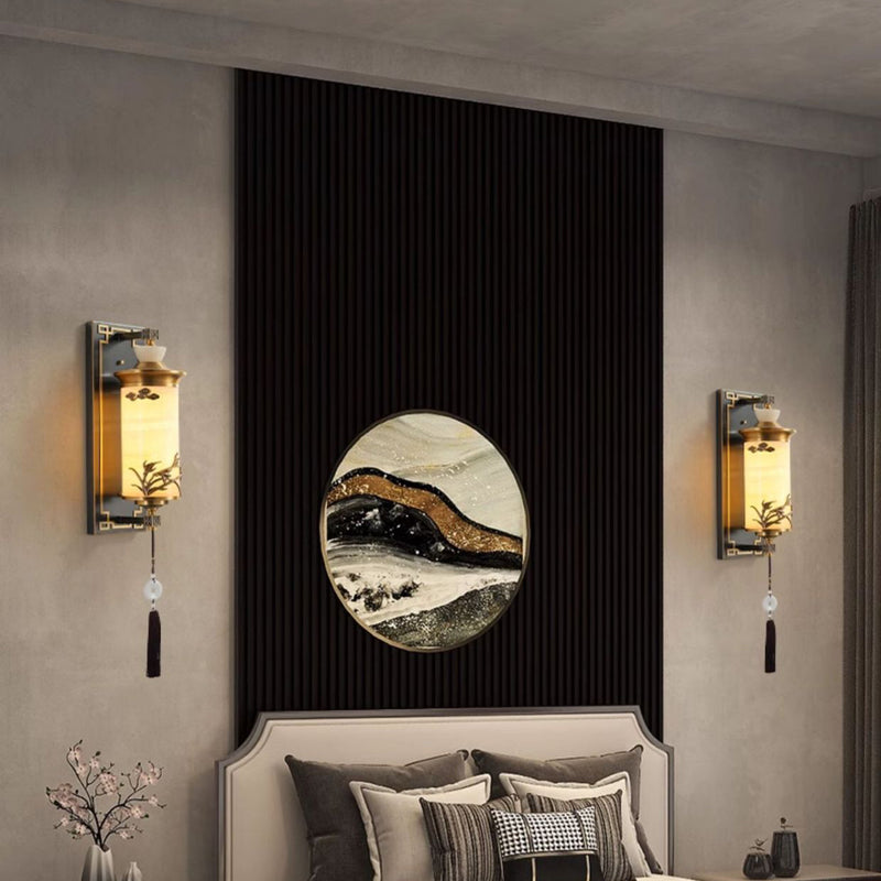 Traditionelle chinesische Messing-Naturjade-Zylinder-LED-Wandleuchte für Wohnzimmer 