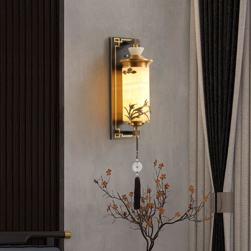 Traditionelle chinesische Messing-Naturjade-Zylinder-LED-Wandleuchte für Wohnzimmer 