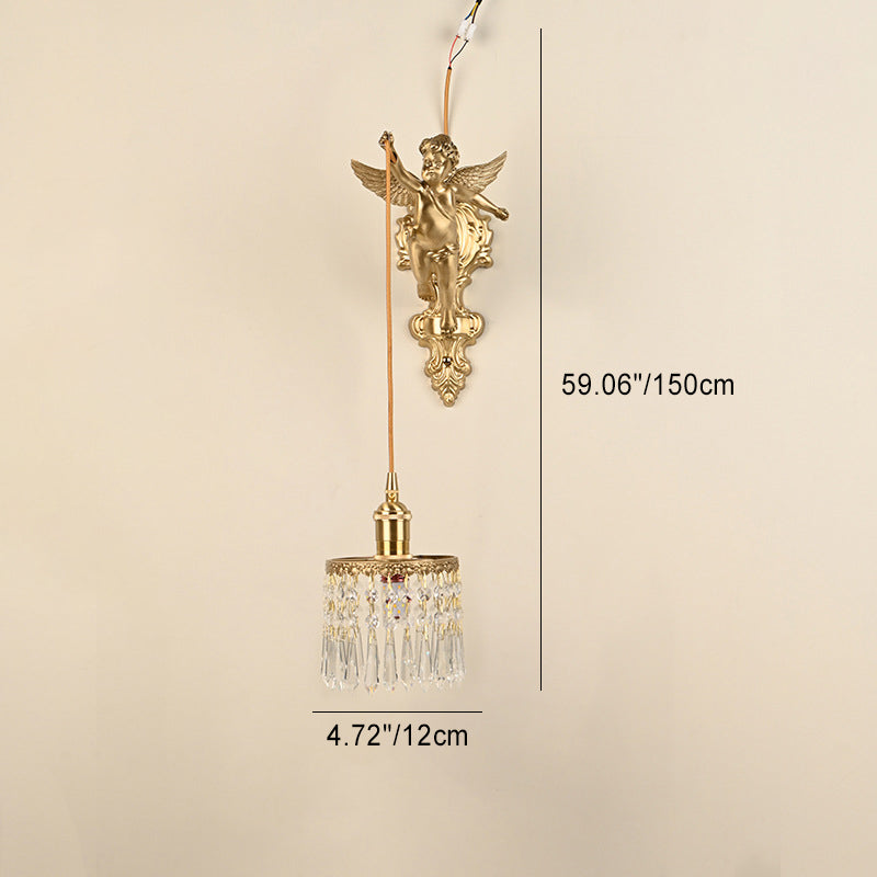 Contemporary Luxury Carved Brass Angel Crystal Round Shade 1-Light Pendant Light For Living Room