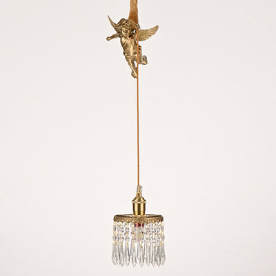 Contemporary Luxury Carved Brass Angel Crystal Round Shade 1-Light Pendant Light For Living Room