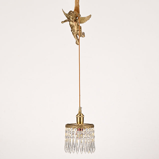 Contemporary Luxury Carved Brass Angel Crystal Round Shade 1-Light Pendant Light For Living Room