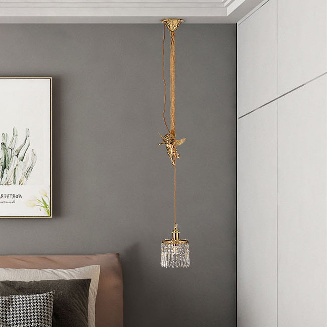 Contemporary Luxury Carved Brass Angel Crystal Round Shade 1-Light Pendant Light For Living Room
