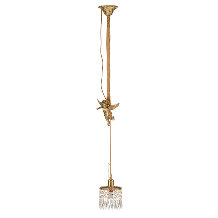 Contemporary Luxury Carved Brass Angel Crystal Round Shade 1-Light Pendant Light For Living Room