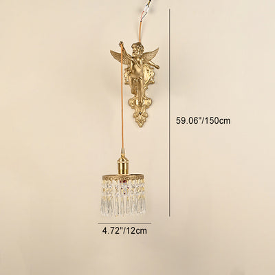 Contemporary Luxury Carved Brass Angel Crystal Round Shade 1-Light Pendant Light For Living Room