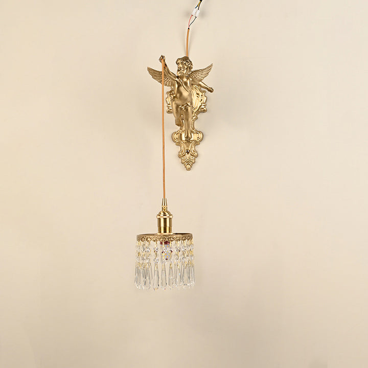 Contemporary Luxury Carved Brass Angel Crystal Round Shade 1-Light Pendant Light For Living Room