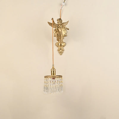 Contemporary Luxury Carved Brass Angel Crystal Round Shade 1-Light Pendant Light For Living Room