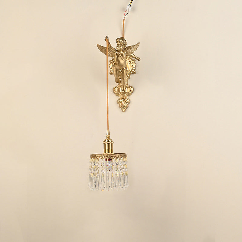 Contemporary Luxury Carved Brass Angel Crystal Round Shade 1-Light Pendant Light For Living Room